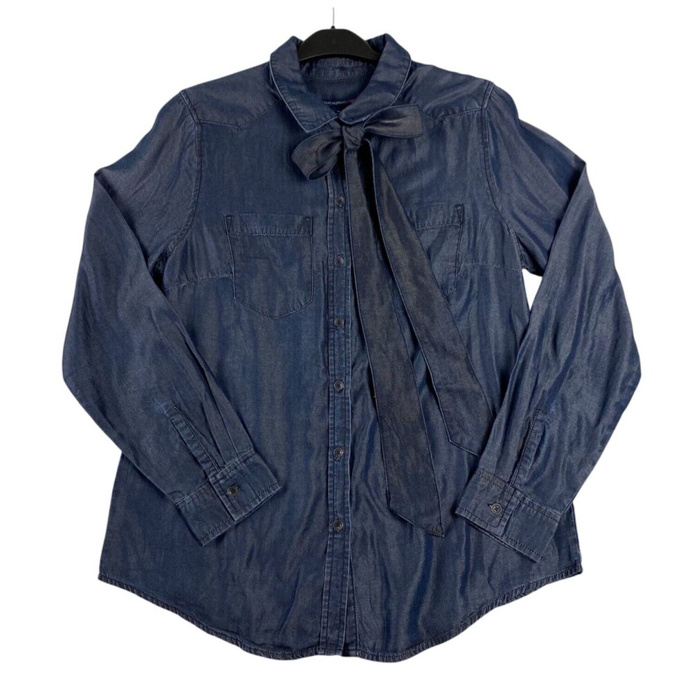 ISAAC MIZRAHI LIVE Women Blue Chambray Denim Shirt Button up Tie Neck  Blouse 10
